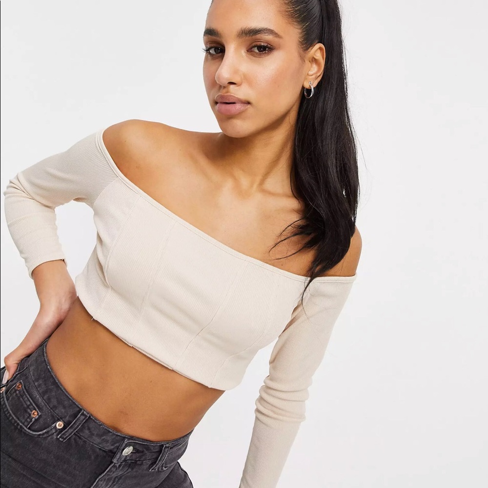 NWT ASOS Club L London off-shoulder long sleeve crop top in mushroom